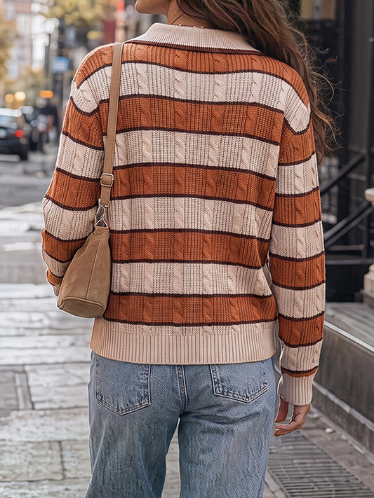 Colorblock Striped Half Button Pullovers - Fisoew