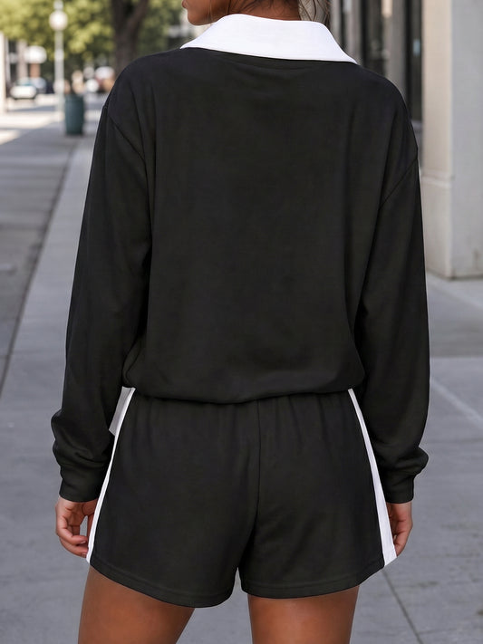 Half Zip Sweatshirt With Drawstring Short Sets - Fisoew