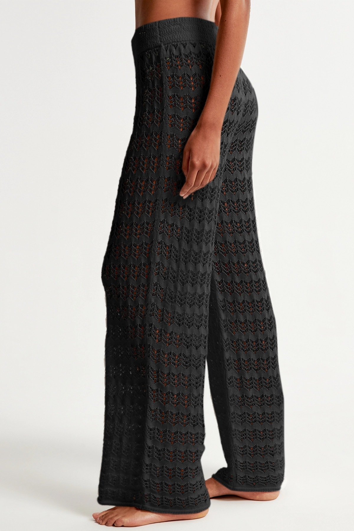 Fisoew Women‘s Black Crochet Sheer Mesh Cover Up Pants - Fisoew