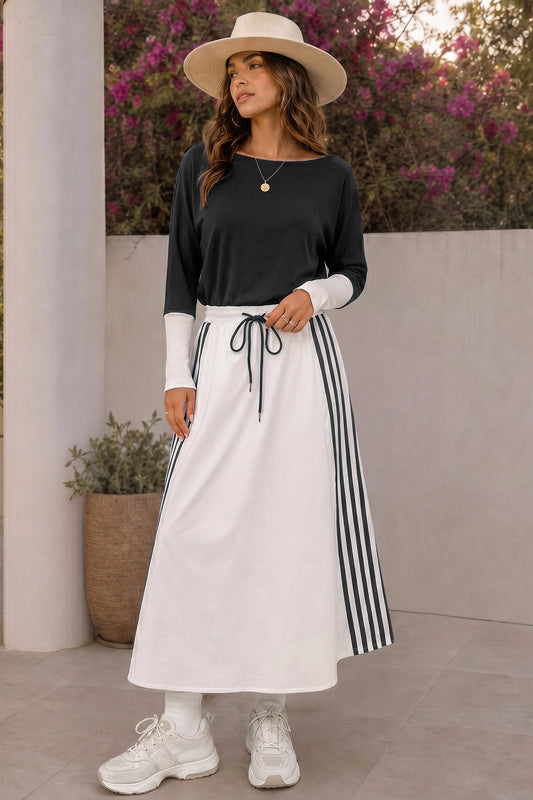 Long Sleeve Striped Drawstring Maxi Dresses - Fisoew