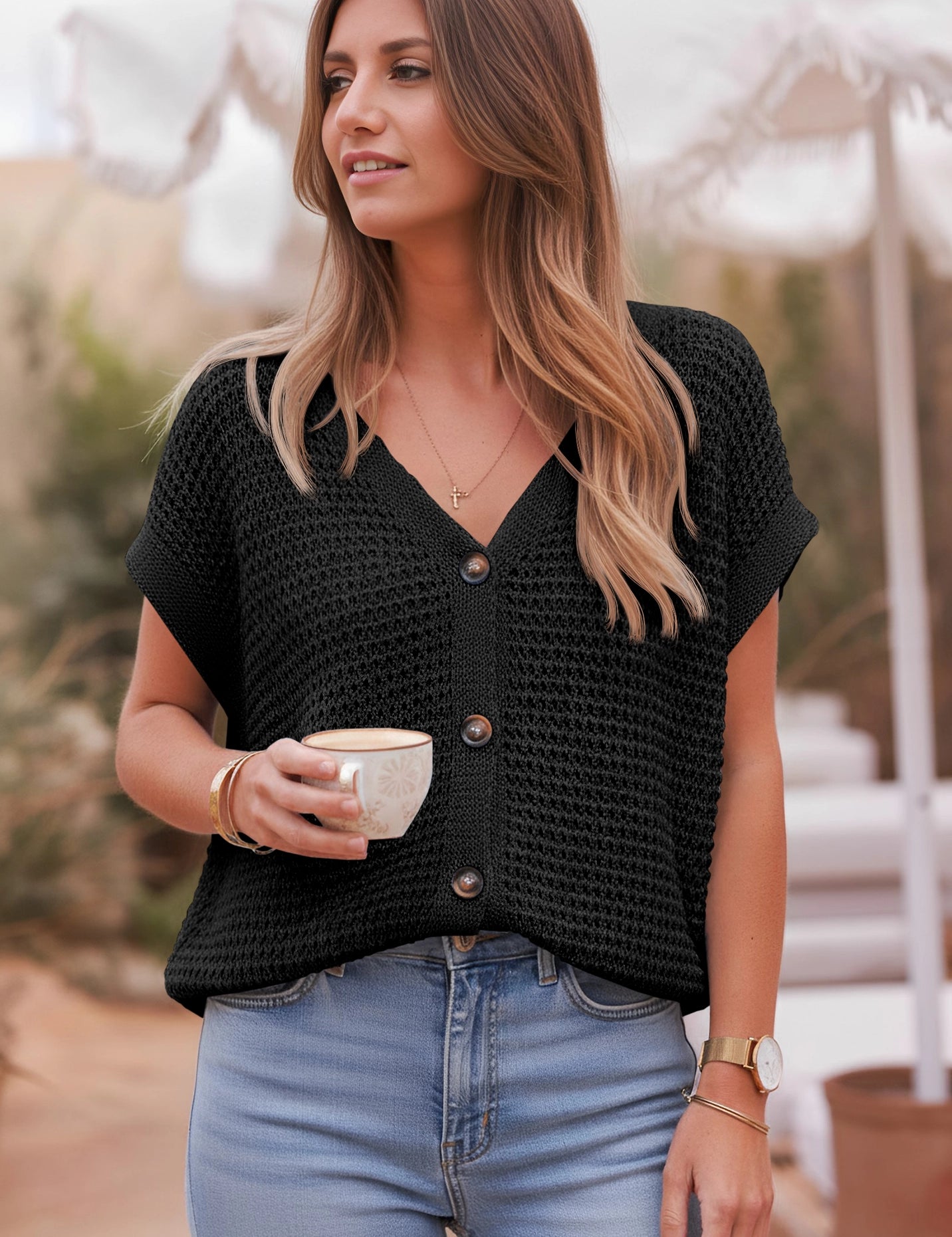 Fisoew Women's Black Short Sleeve Crochet Cardigans Sweater Cover Ups - Fisoew