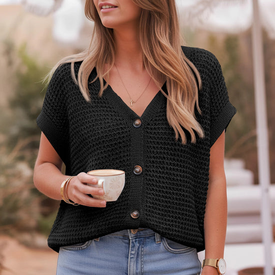 Fisoew Women's Black Short Sleeve Crochet Cardigans Sweater Cover Ups - Fisoew