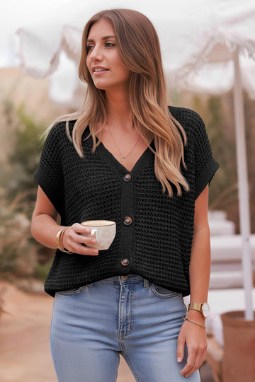 Fisoew Women's Black Short Sleeve Crochet Cardigans Sweater Cover Ups - Fisoew