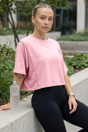 Fisoew Women's Pink Oversized Crop Tops Summer T-Shirt - Fisoew