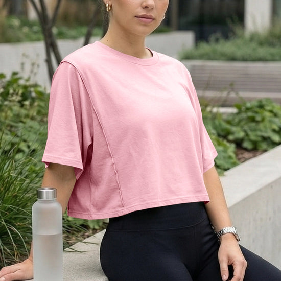 Fisoew Women's Pink Oversized Crop Tops Summer T-Shirt - Fisoew