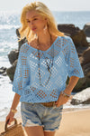 Womens Blue Summer Short Sleeve Crochet Swimsuit Fisoew - Fisoew