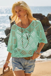 Womens Lake Blue Summer Short Sleeve Crochet Swimsuit  Fisoew