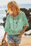 Womens Lake Blue Summer Short Sleeve Crochet Swimsuit  Fisoew - Fisoew