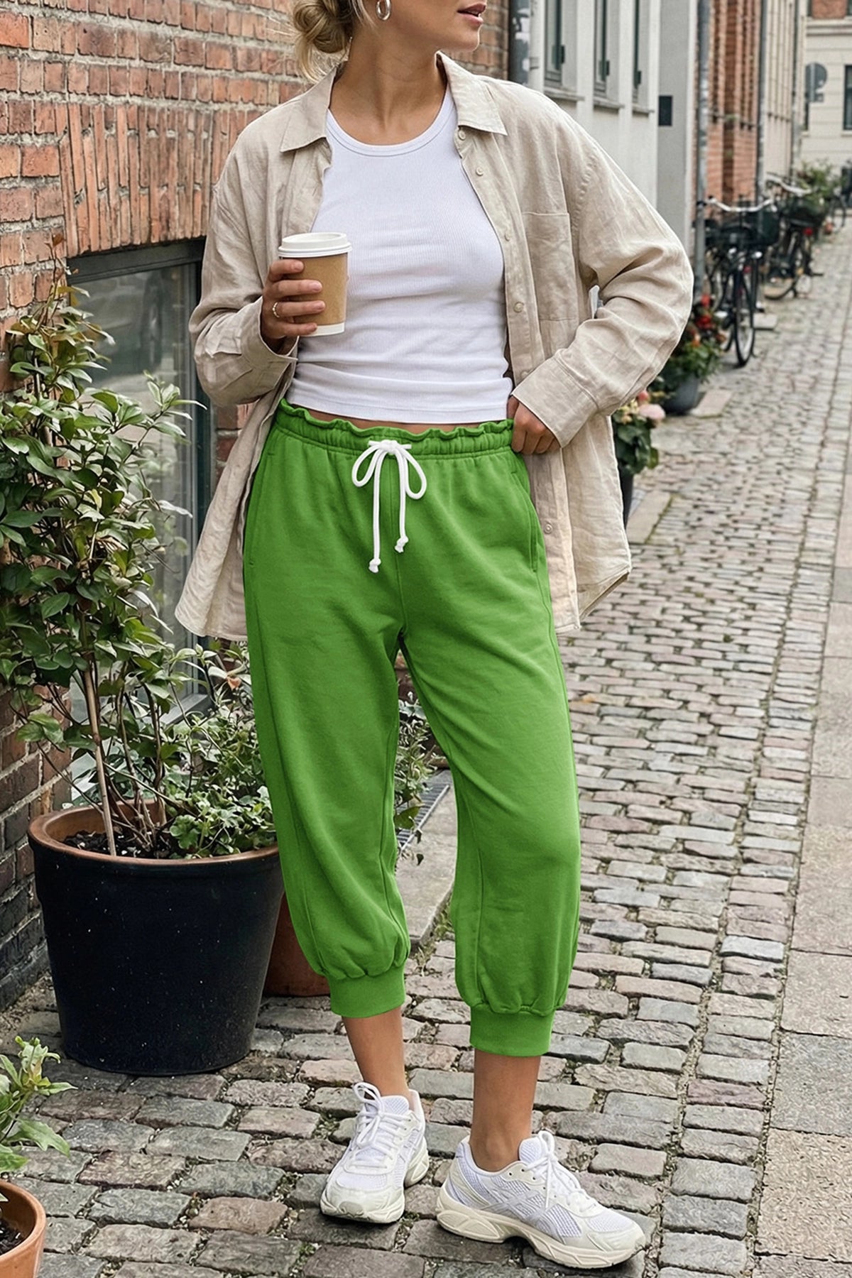 Fisoew Women's Green Capri Joggers Trendy Drawstring Waist Sweatpants - Fisoew