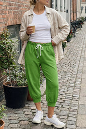 Fisoew Women's Green Capri Joggers Trendy Drawstring Waist Sweatpants - Fisoew