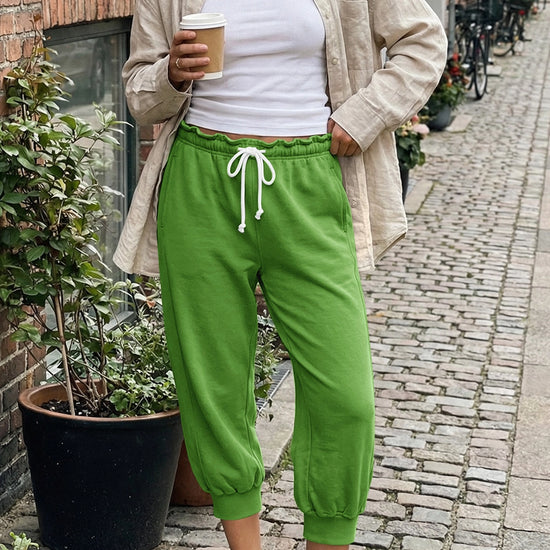 Fisoew Women's Green Capri Joggers Trendy Drawstring Waist Sweatpants - Fisoew