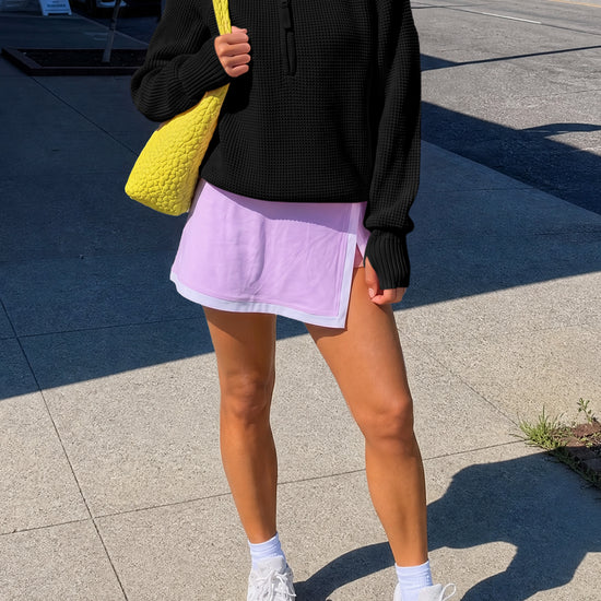 Zip Waffle Knit Long Sleeve Pullover - Fisoew