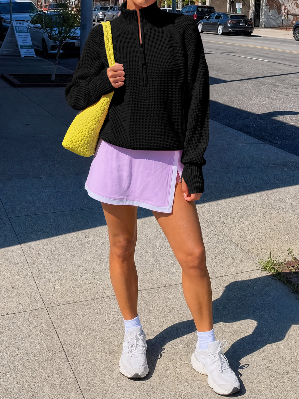 Zip Waffle Knit Long Sleeve Pullover - Fisoew