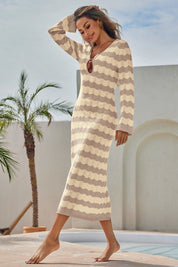 Fisoew Women's Khaki Striped Sexy Crochet Maxi Dress