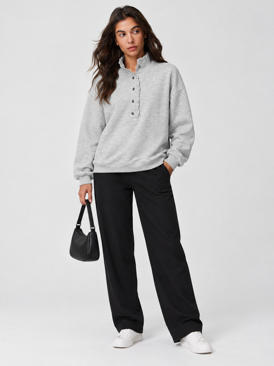 Ruffle-Neck Henley Sweatshirt