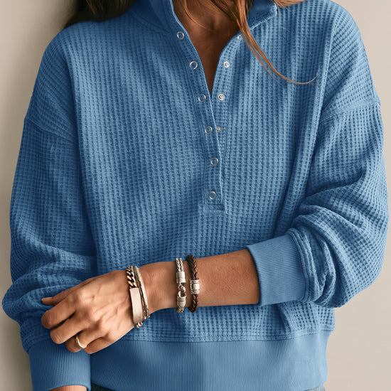 Waffle Knit Button Henley Pullover Sweatshirt - Fisoew