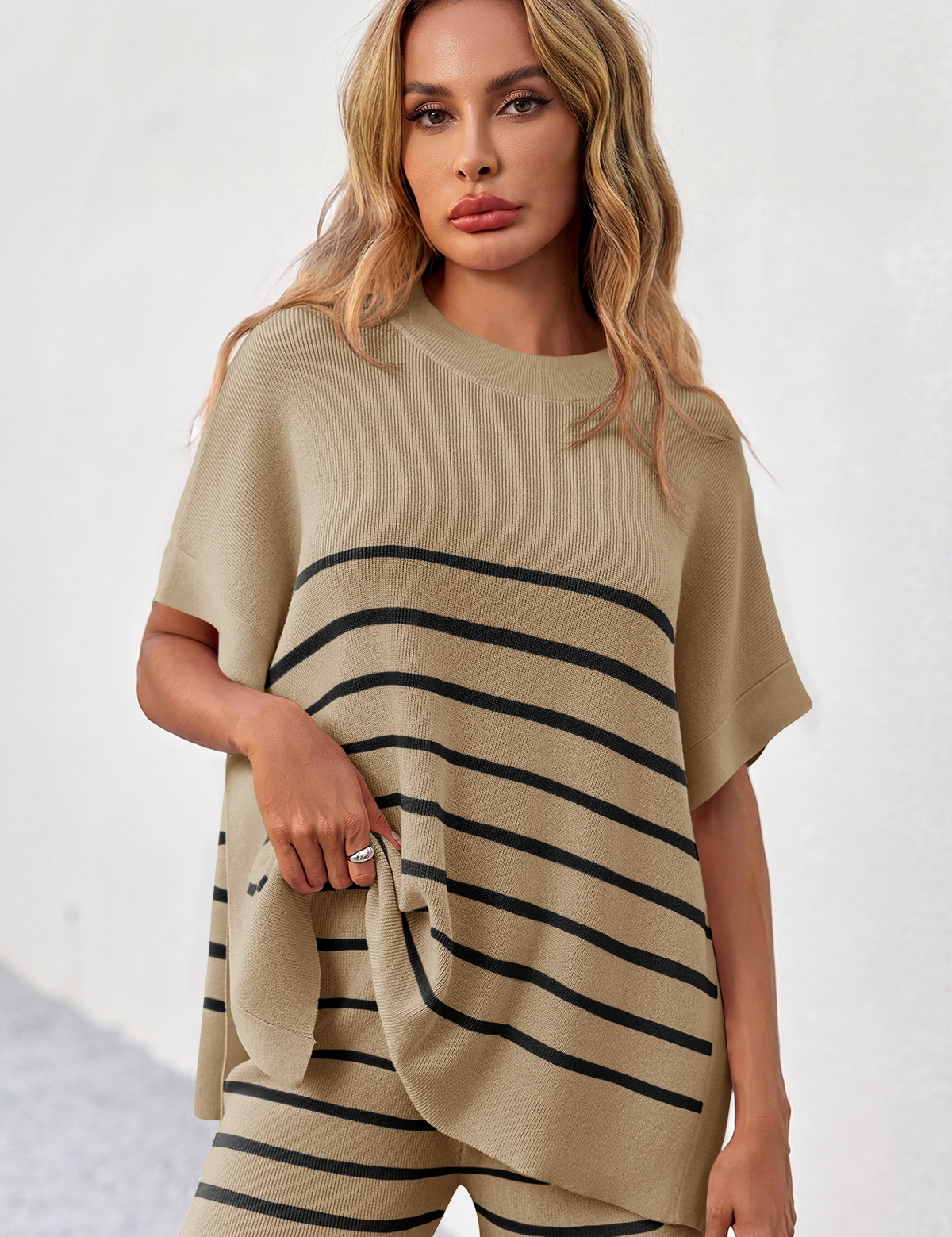 Fisoew Women's Khaki Striped Oversized Lounge Short Sets - Fisoew