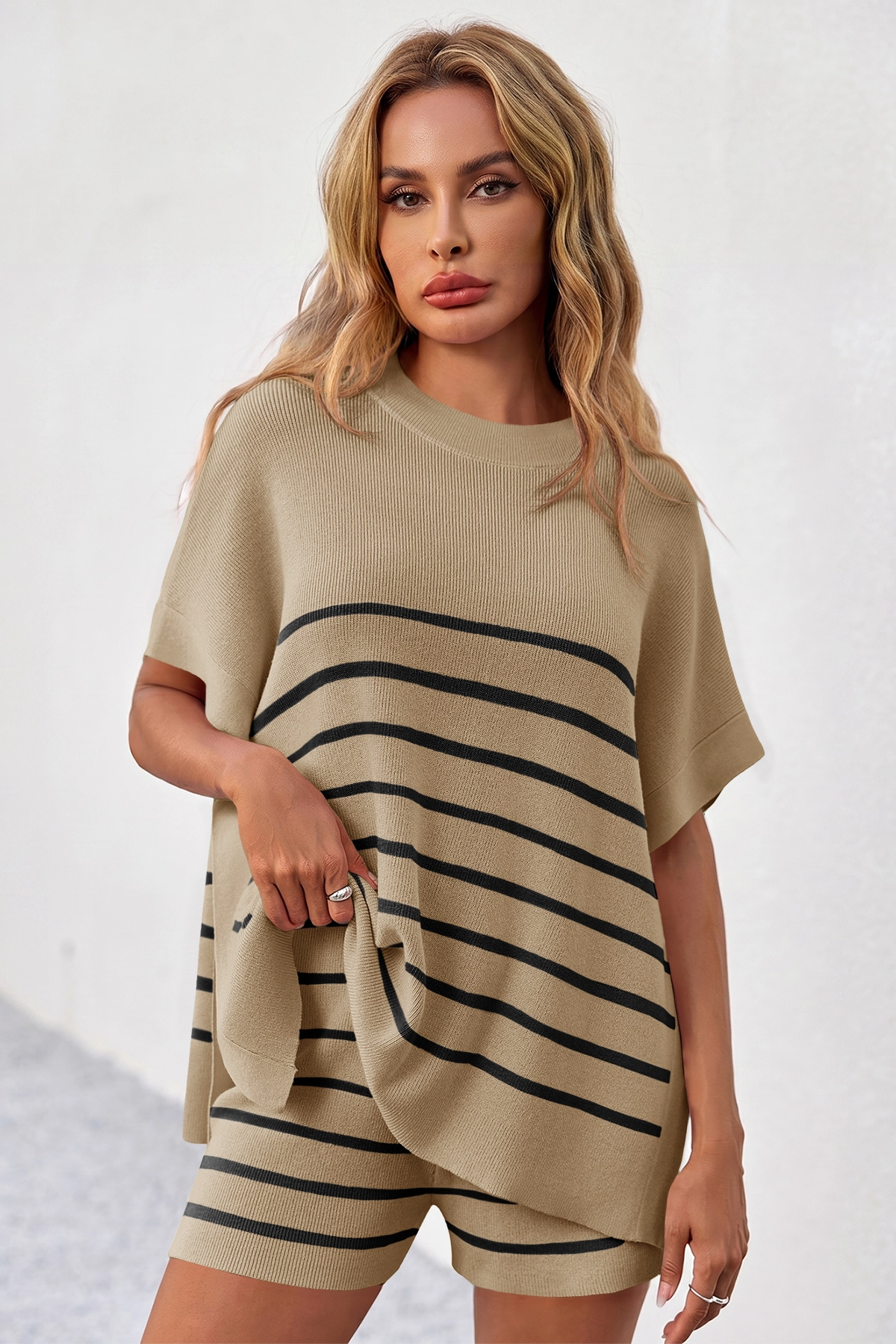 Fisoew Women's Khaki Striped Oversized Lounge Short Sets - Fisoew