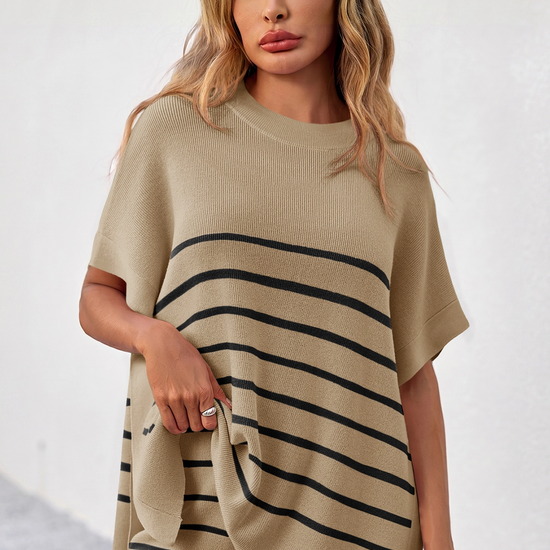 Fisoew Women's Khaki Striped Oversized Lounge Short Sets - Fisoew