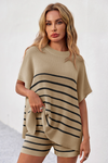 Fisoew Women's Khaki Striped Oversized Lounge Short Sets - Fisoew