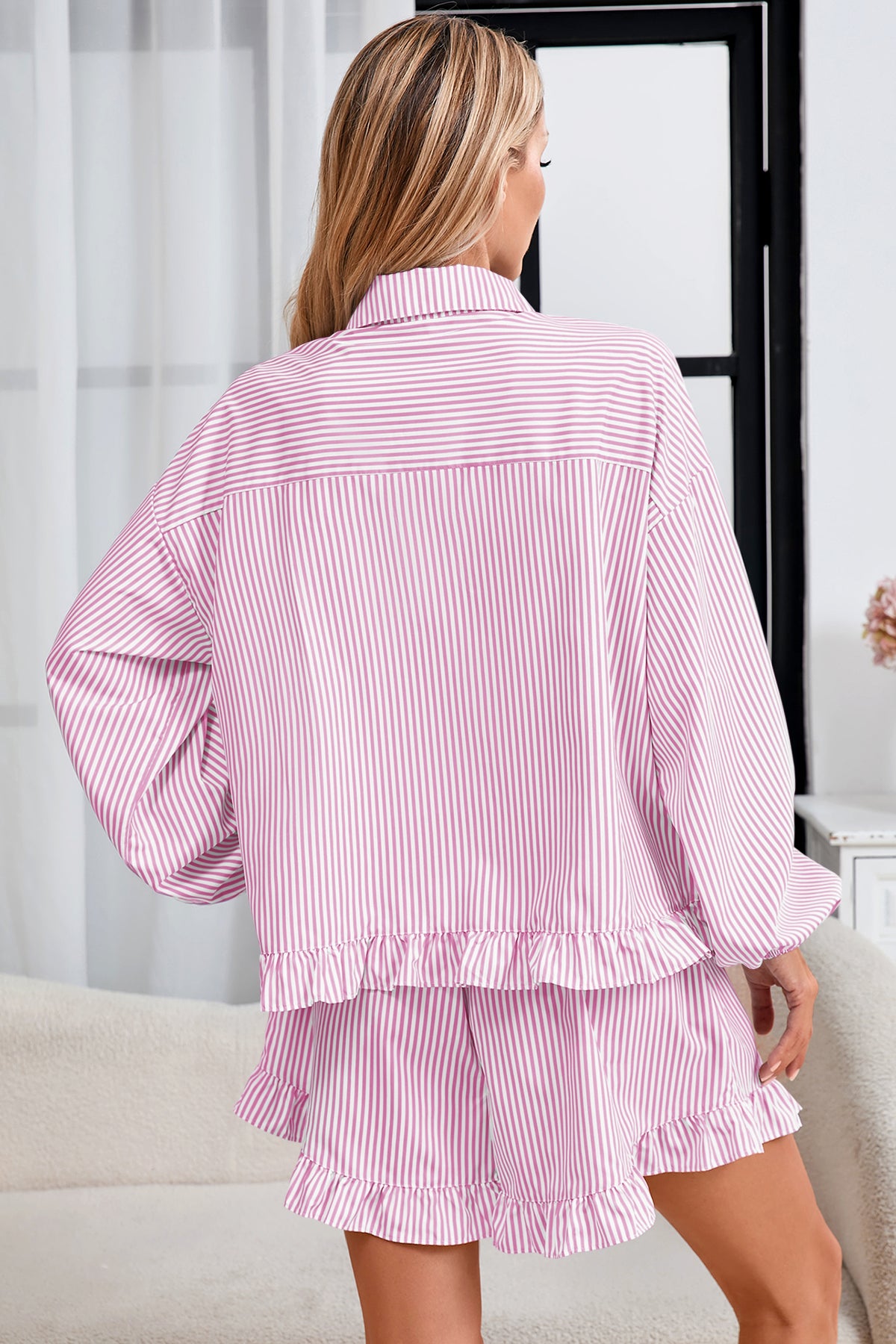 Womens Light Pink Stripe 2Pcs Ruffle Shorts Pajama Set  Fisoew - Fisoew