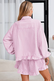 Womens Light Pink Stripe 2Pcs Ruffle Shorts Pajama Set  Fisoew - Fisoew