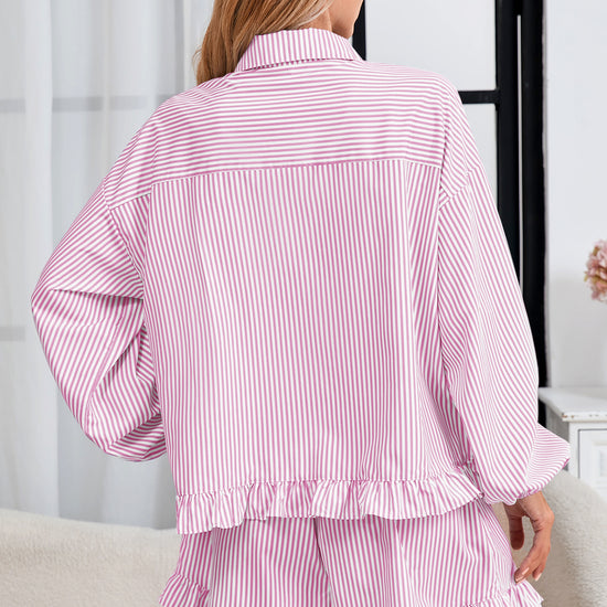 Womens Light Pink Stripe 2Pcs Ruffle Shorts Pajama Set  Fisoew - Fisoew