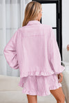 Womens Light Pink Stripe 2Pcs Ruffle Shorts Pajama Set  Fisoew - Fisoew