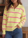 Zip Striped Oversized Turtleneck Pullover Top