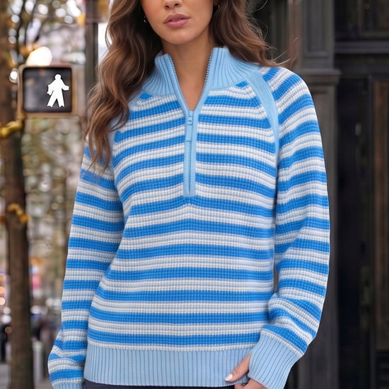 Half Zip Striped Pullover Ribbed Knit Tops - Fisoew