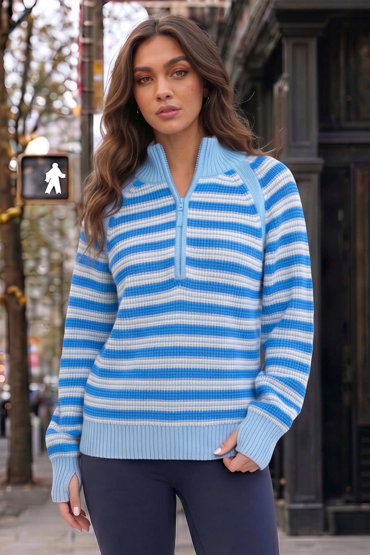 Half Zip Striped Pullover Ribbed Knit Tops - Fisoew