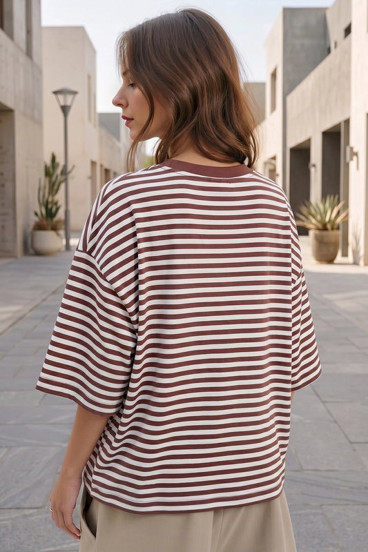 Round Neck Striped Short Sleeve Crop T-shirts - Fisoew