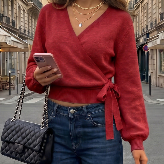 V Neck Tie Belted Crop Knit Sweaters - Fisoew
