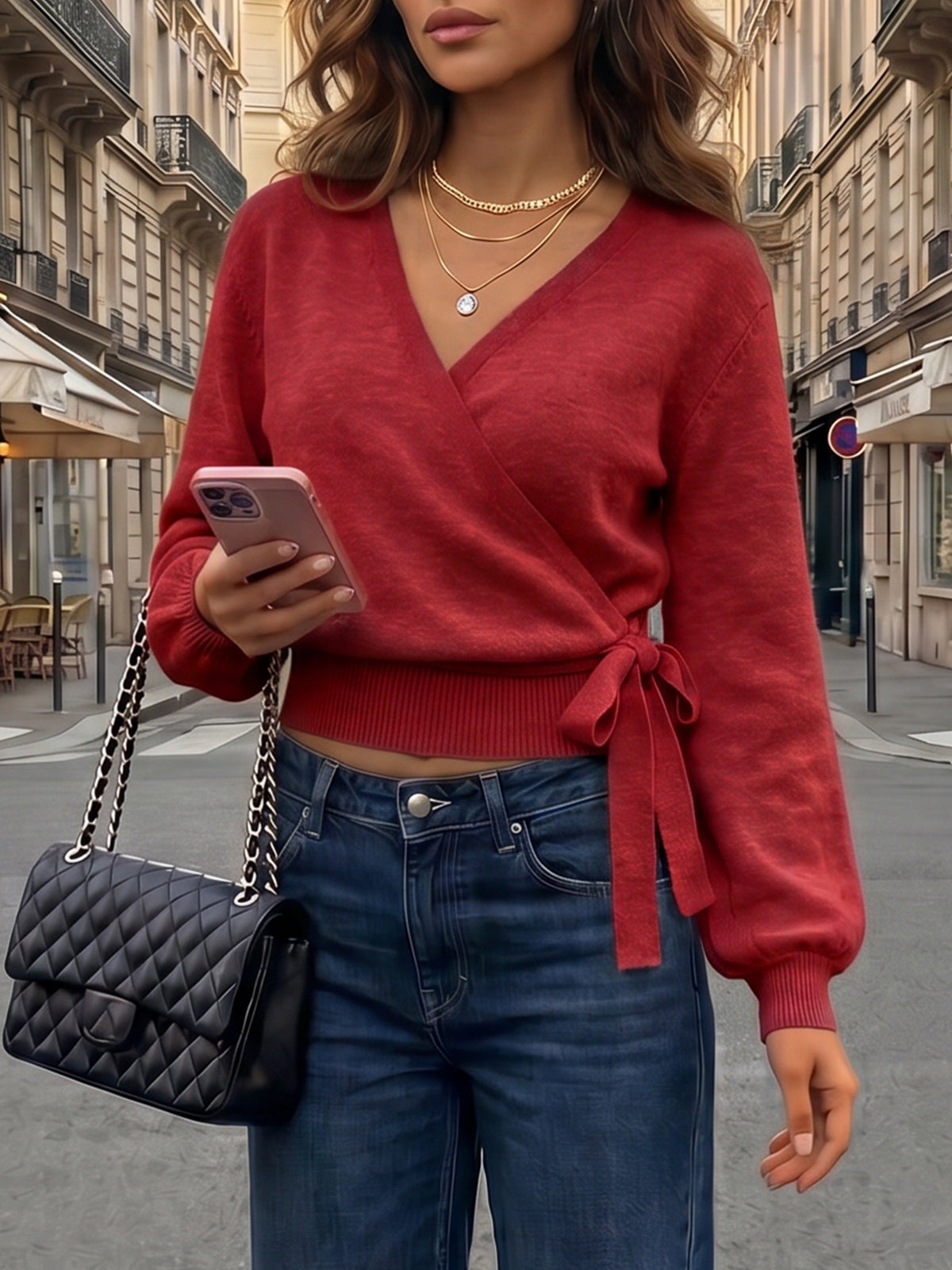 V Neck Tie Belted Crop Knit Sweaters - Fisoew