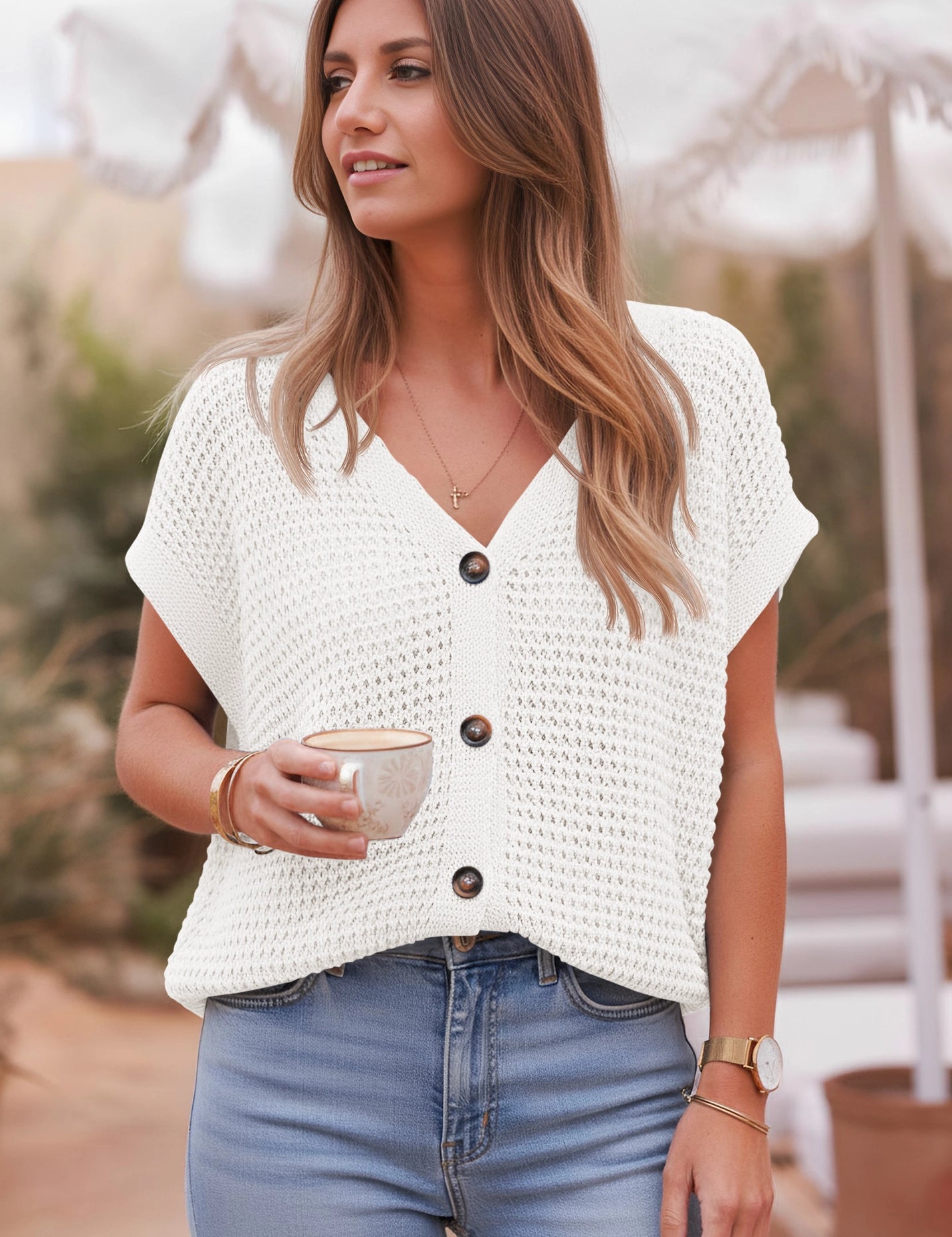 Fisoew Women's White Short Sleeve Crochet Cardigans Sweater Cover Ups - Fisoew