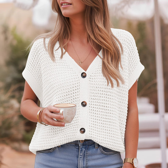 Fisoew Women's White Short Sleeve Crochet Cardigans Sweater Cover Ups - Fisoew
