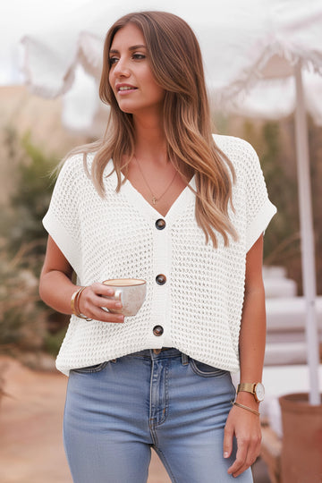 Fisoew Women's White Short Sleeve Crochet Cardigans Sweater Cover Ups - Fisoew