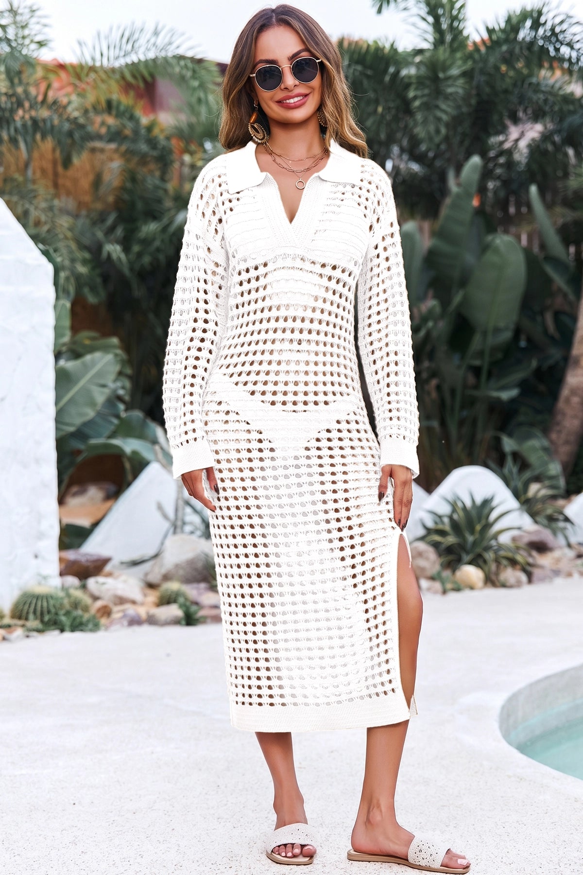 Fisoew Women's White Collared Long Sleeve Mesh Knit Maxi Dress - Fisoew