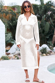 Fisoew Women's White Collared Long Sleeve Mesh Knit Maxi Dress - Fisoew