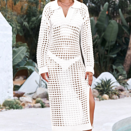 Fisoew Women's White Collared Long Sleeve Mesh Knit Maxi Dress - Fisoew