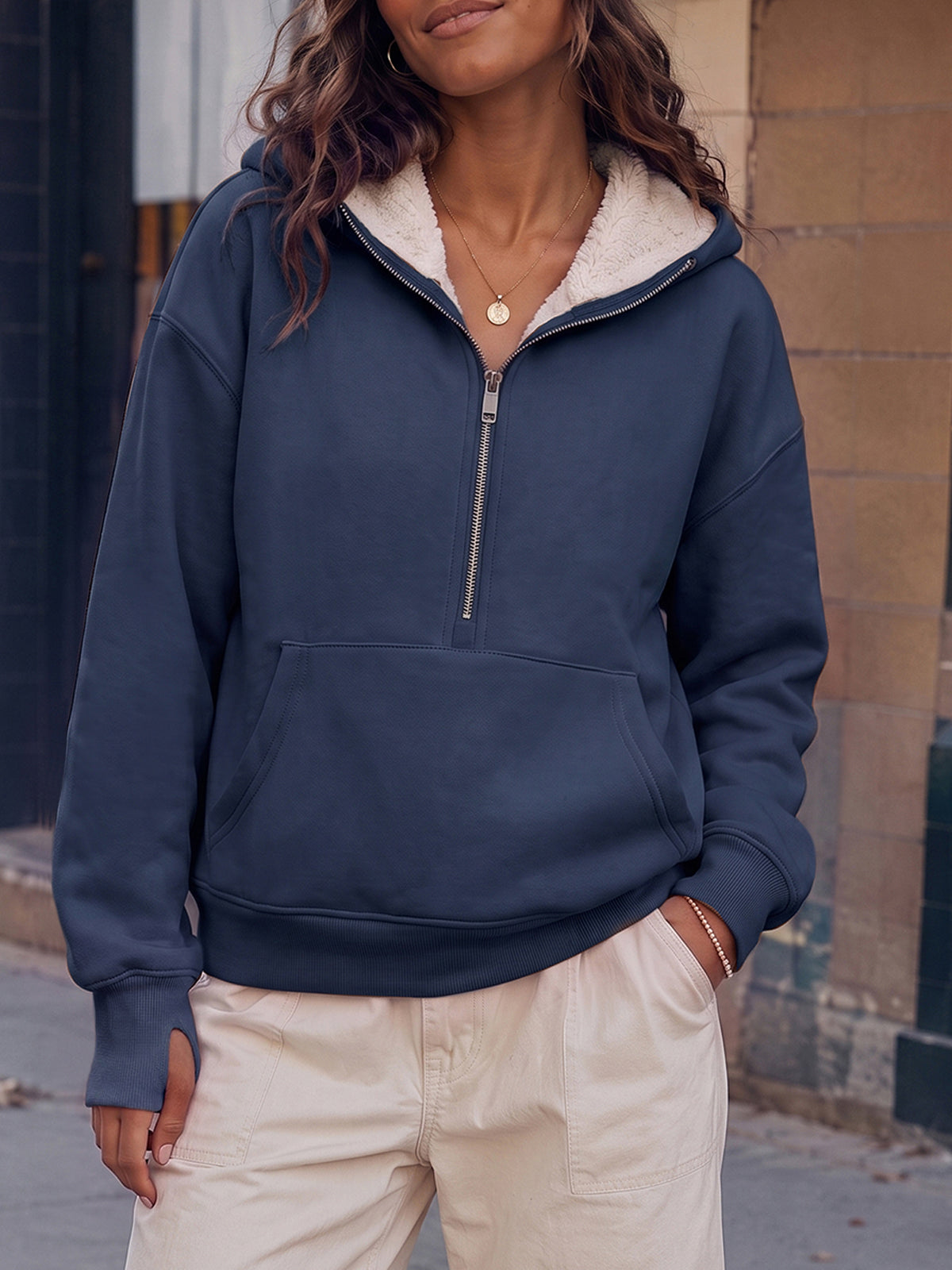 Hoodies Half Zip Fuzzy Fleece Sweatshirts - Fisoew