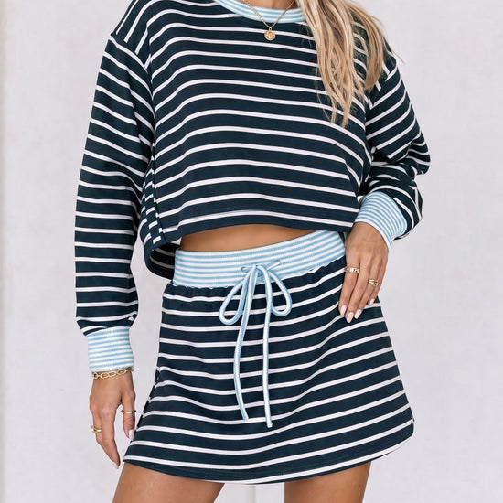Striped Long Sleeve Crop Tops With Skort Sets - Fisoew