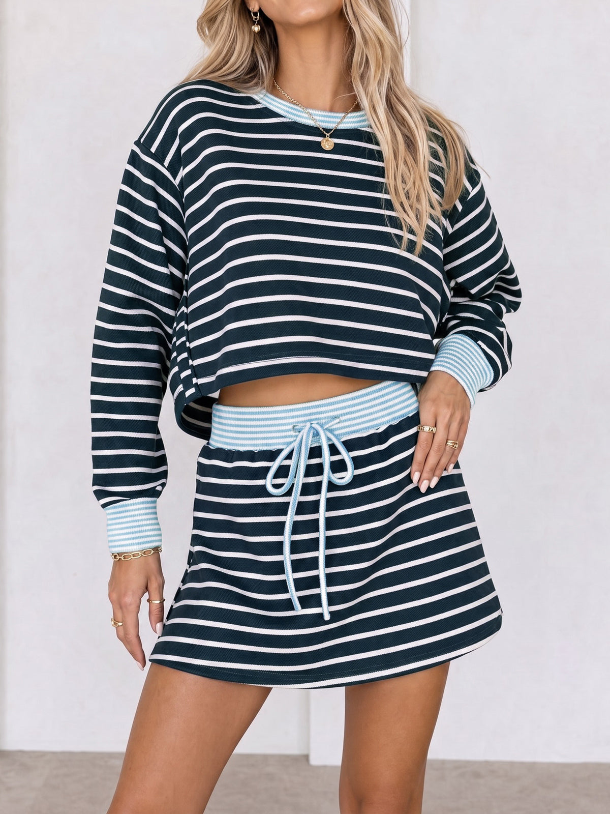 Striped Long Sleeve Crop Tops With Skort Sets - Fisoew