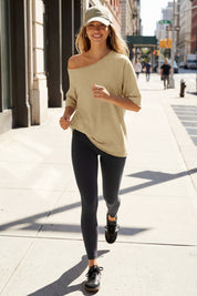 Fisoew Women's Khaki Off The Shoulder Tops Oversized  T-Shirts - Fisoew