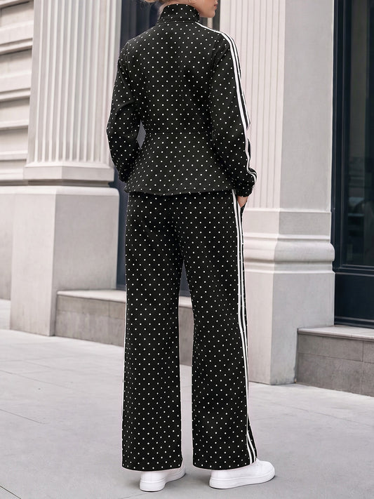 Polka Dot Zip Up Jacket With Wide Leg Pants Sets