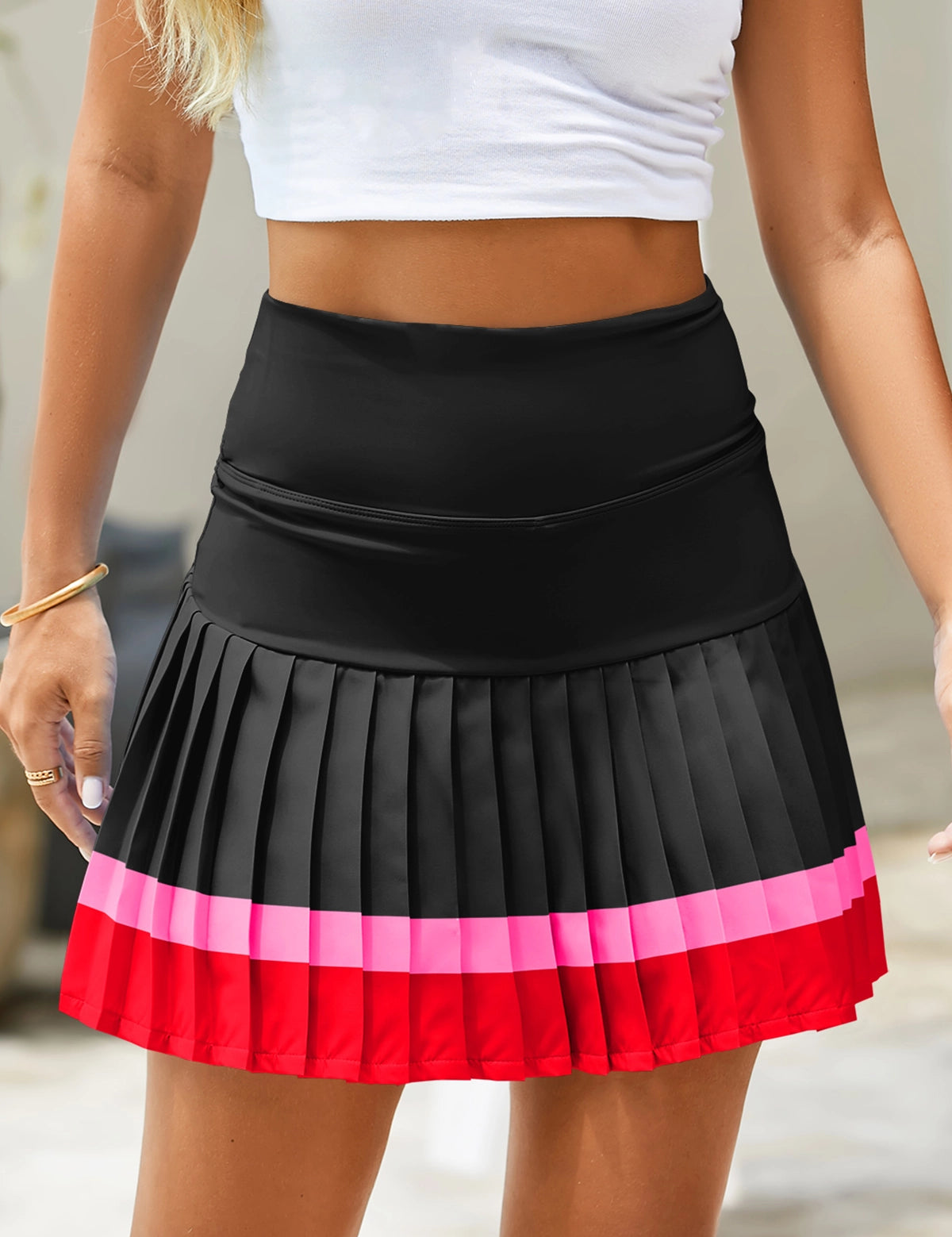 Fisoew Women's Black High Waisted Athletic Color Block Pleated Skirts - Fisoew