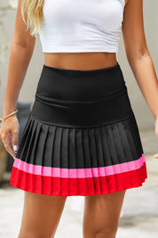 Fisoew Women's Black High Waisted Athletic Color Block Pleated Skirts - Fisoew