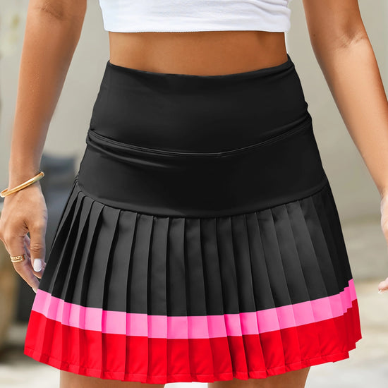 Fisoew Women's Black High Waisted Athletic Color Block Pleated Skirts - Fisoew