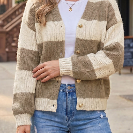 Striped Open Front Button Up Cardigans - Fisoew