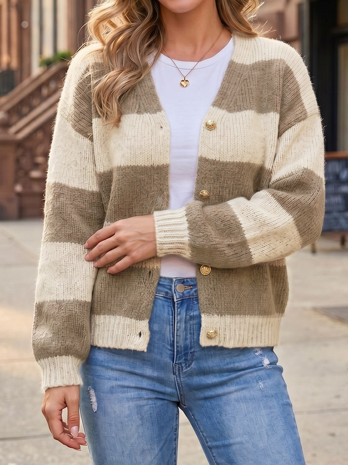 Striped Open Front Button Up Cardigans - Fisoew